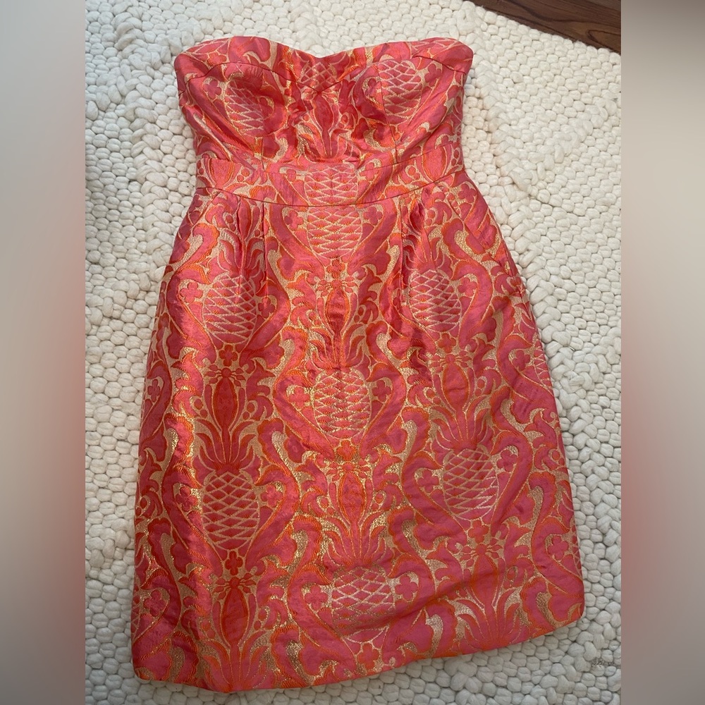 Kate Spade Faye Strapless Dress, Guava Pink /Pineapple Damask, Size 2